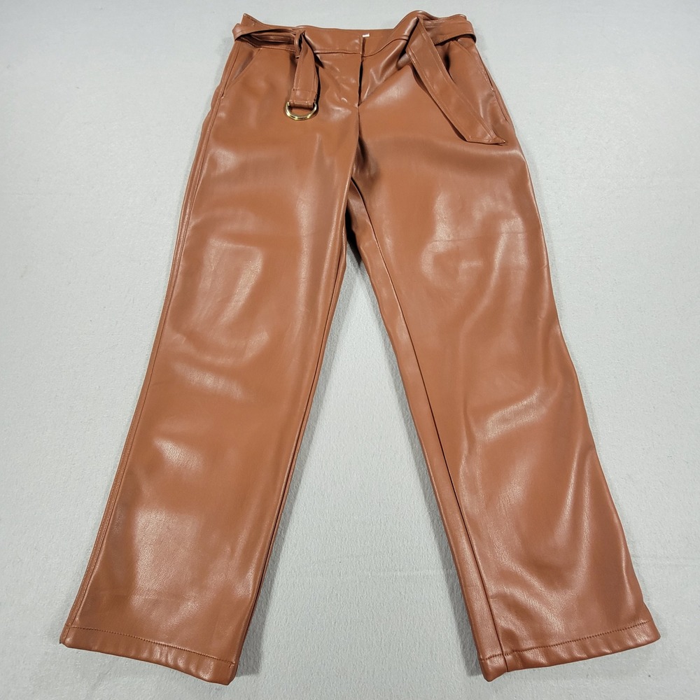 LOFT Faux‎ Leather Pants High Rise Belted Straight Leg Brown Women's Size 12